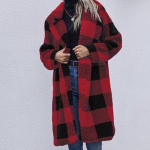 Plaid red black open teddy trench coat jacket cozy warm